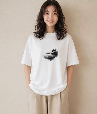 デザインTシャツ レディース 青の水彩 風景 ブルー ナチュラル アンティーク イラスト 海 カフェ巡り 白T YMAZO