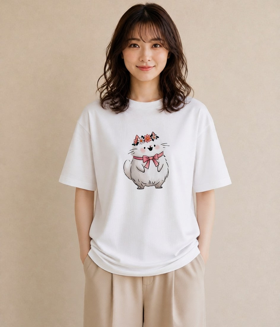 デザインTシャツ レディース 白猫 猫 ねこ イラスト レトロ カフェ巡り 女子会 白T YMAZO