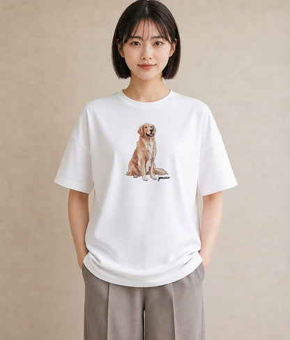 デザインTシャツ レディース ゴールデンレトリバー ゴールデン 犬 いぬ イラスト ラフカジュアル ペアコーデ 秋コーデ 白T YMAZO