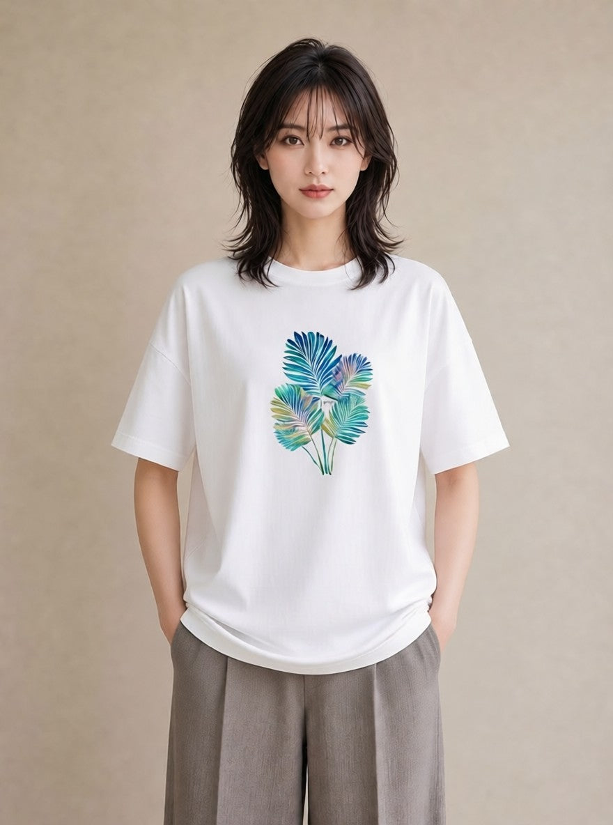 Tシャツ レディース モンステラ 植物 ボタニカル イラスト 韓国風 綿100 デート 白T YMAZO
