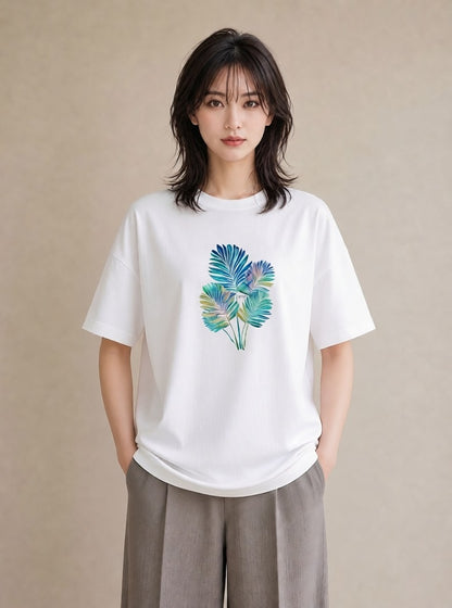 Tシャツ レディース モンステラ 植物 ボタニカル イラスト 韓国風 綿100 デート 白T YMAZO
