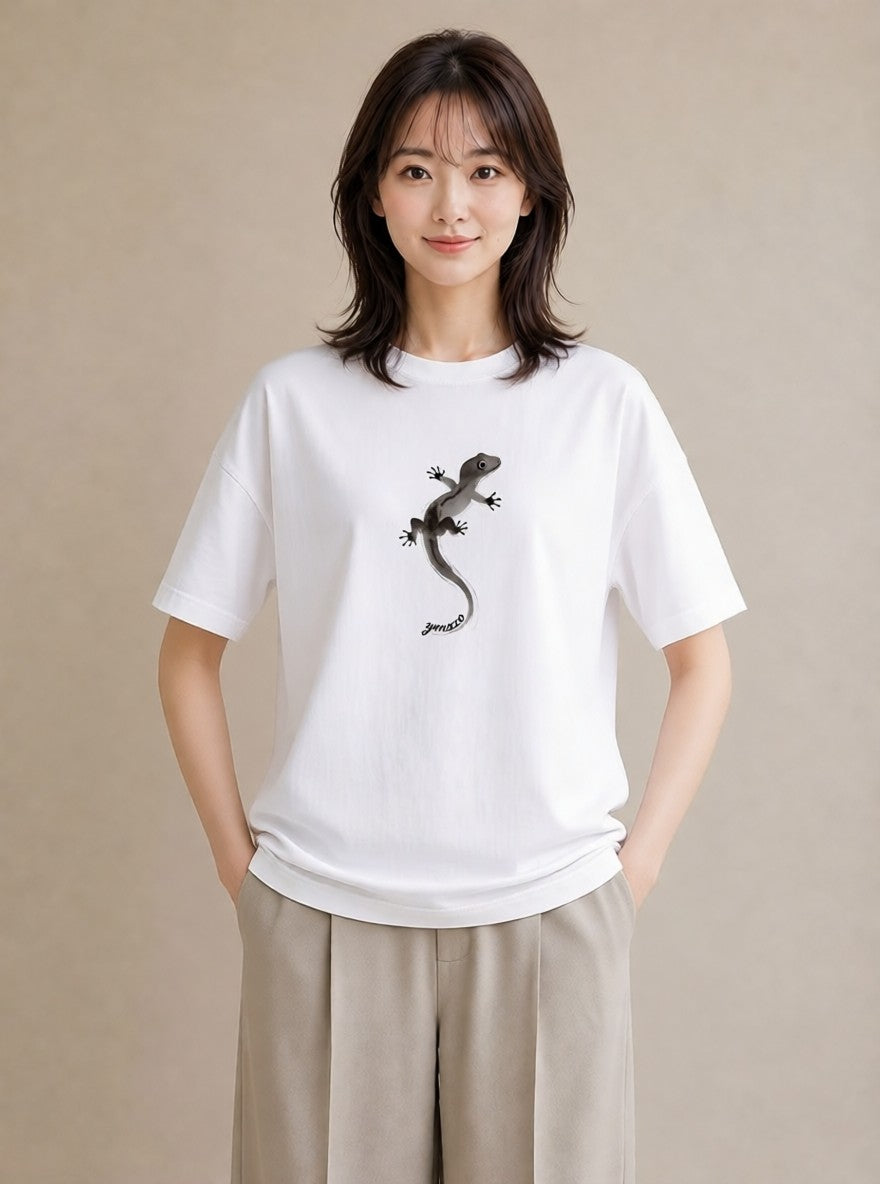 グラフィックTシャツ レディース ヤモリ ペット 動物 イラスト ラフ レイヤード 白T YMAZO