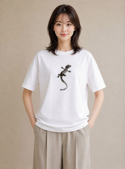 グラフィックTシャツ レディース ヤモリ ペット 動物 イラスト ラフ レイヤード 白T YMAZO