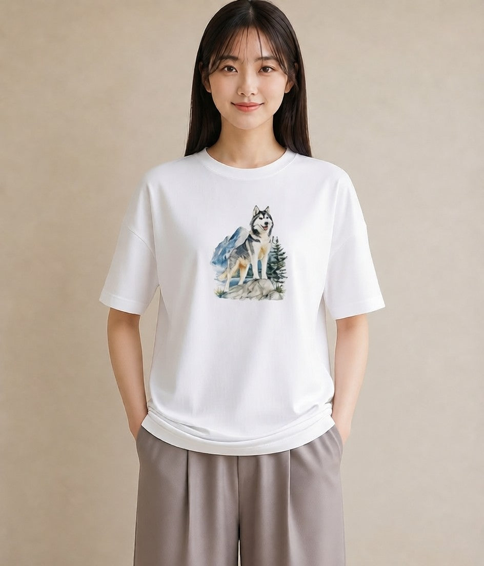 半袖Tシャツ レディース シベリアンハスキー 犬 いぬ イラスト 水彩風 姉妹 送別ギフト 白T YMAZO