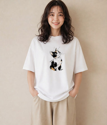 Tシャツ レディース ハチワレ 白黒猫 猫 ねこ イラスト モード ホワイトデー 春服 白T YMAZO