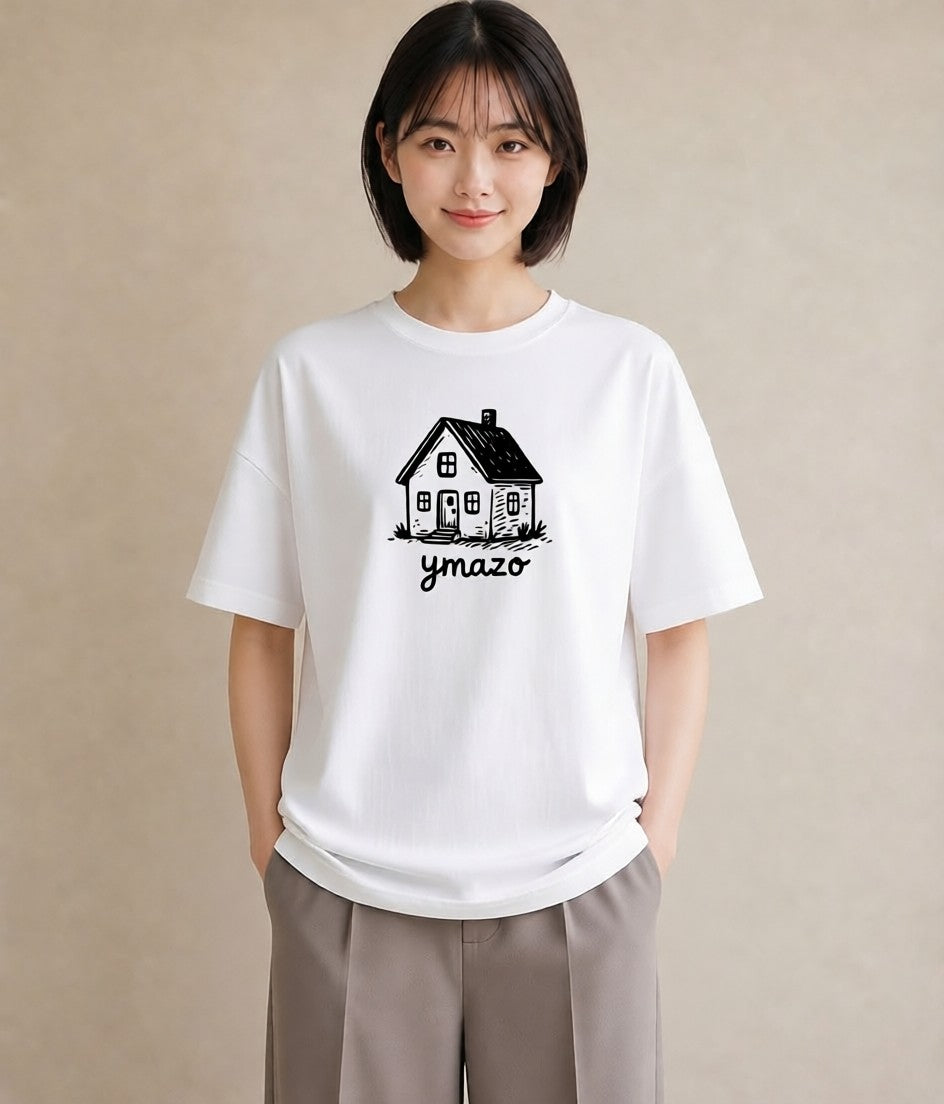 デザインTシャツ レディース 湖畔の小屋 湖 小屋 ナチュラル アンティーク イラスト 上品 秋コーデ おしゃれギフト 白T YMAZO