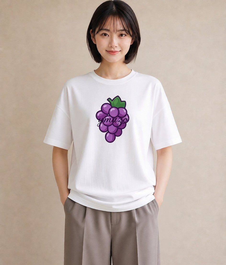 Tシャツ レディース ぶどう 葡萄 食べ物 フード イラスト きれいめカジュアル ミセス 春コーデ 白T YMAZO