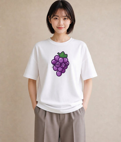 Tシャツ レディース ぶどう 葡萄 食べ物 フード イラスト きれいめカジュアル ミセス 春コーデ 白T YMAZO
