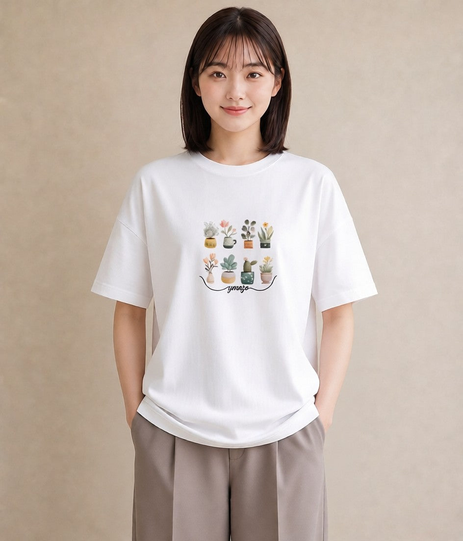 半袖Tシャツ レディース 夕暮れ バルコニー 夕焼け ナチュラル アンティーク イラスト カフェコーデ 自分用 ルームウェア 白T YMAZO