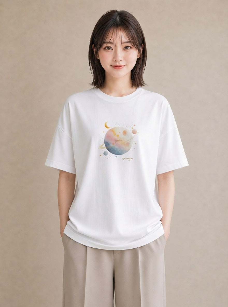 プリントTシャツ レディース 太陽 星空 宇宙 イラスト 水彩風 クリスマス 旅行 白T YMAZO