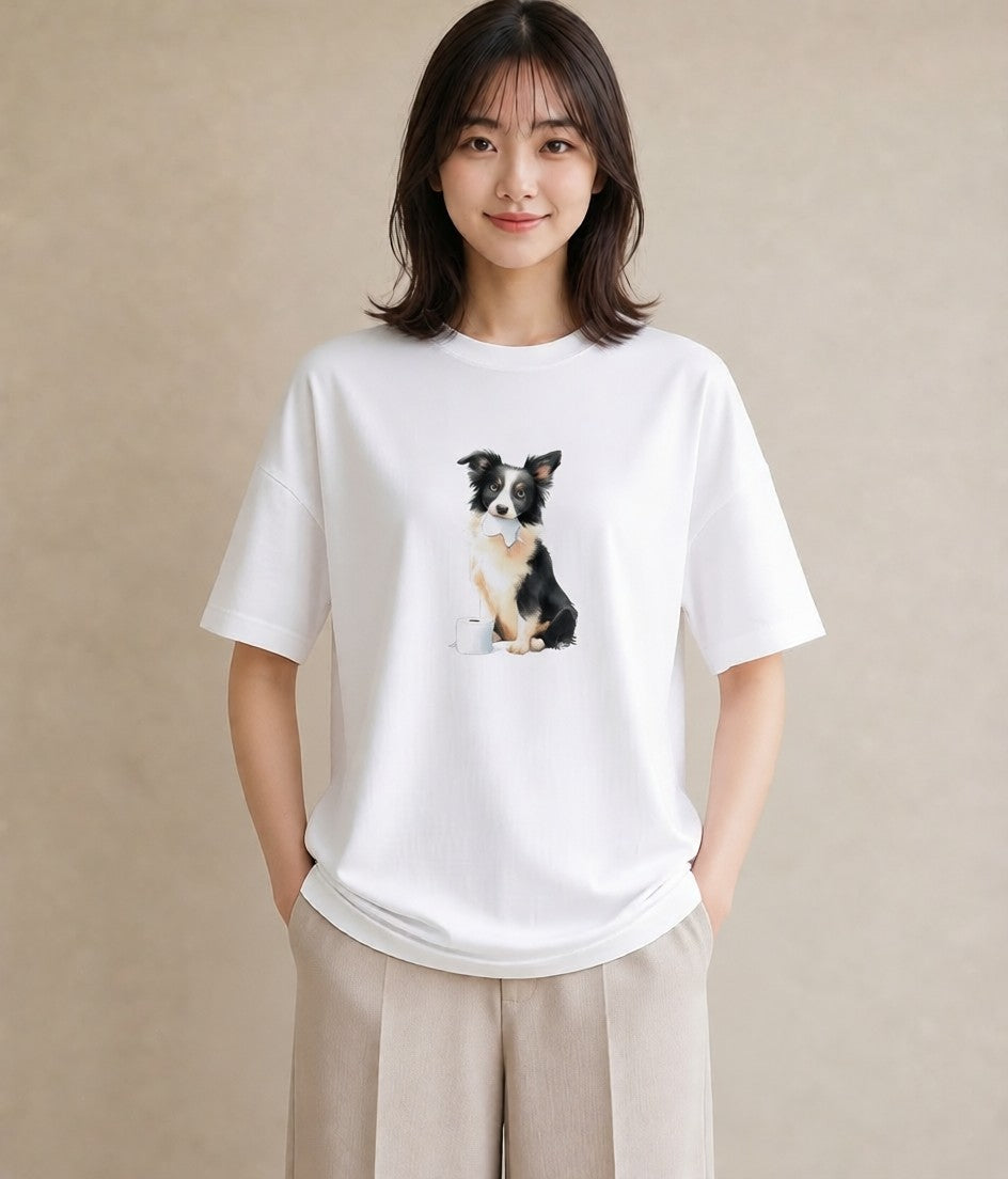 グラフィックTシャツ レディース ボーダーコリー 犬 いぬ イラスト シック 帰省 ラフ 白T YMAZO