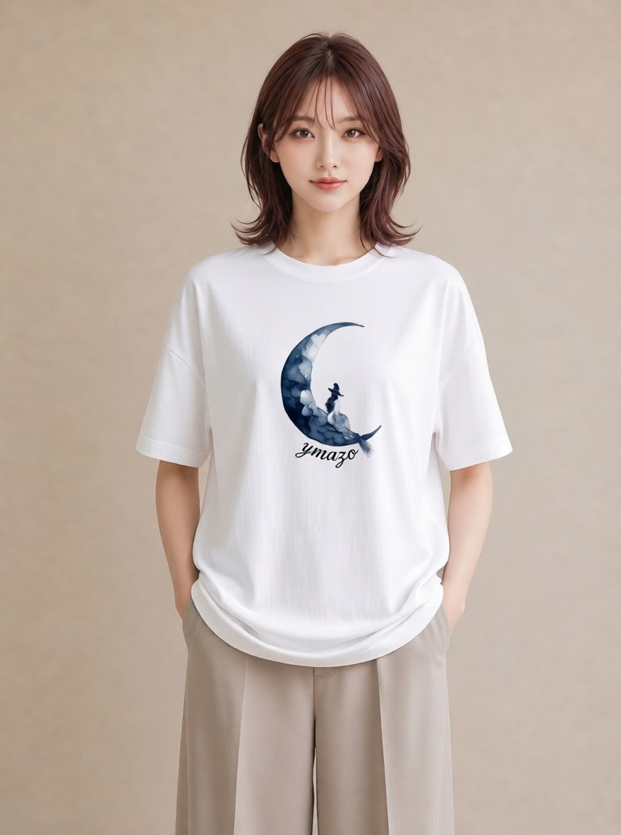 グラフィックTシャツ レディース 月 星空 宇宙 イラスト ユニーク 普段着 週末コーデ 白T YMAZO