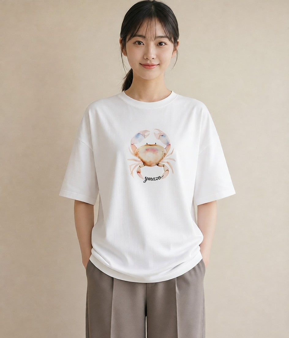 グラフィックTシャツ レディース エビ 海の生き物 海 イラスト 韓国風 カフェ服 クリスマス 白T YMAZO