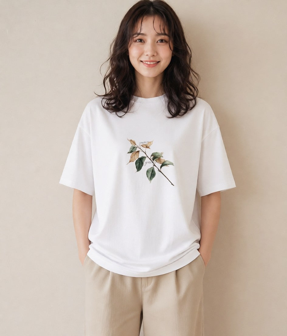 プリントTシャツ レディース 落ち葉 植物 ボタニカル イラスト カジュアル 海 カフェ巡り 白T YMAZO