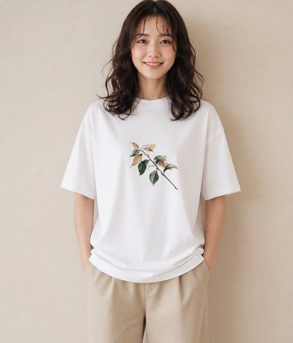 プリントTシャツ レディース 落ち葉 植物 ボタニカル イラスト カジュアル 海 カフェ巡り 白T YMAZO