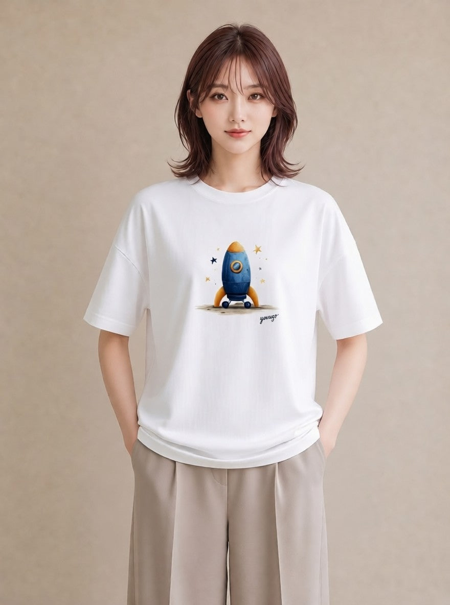 Tシャツ レディース ロケット 星空 宇宙 イラスト 普段使い ペアコーデ 秋コーデ 白T YMAZO