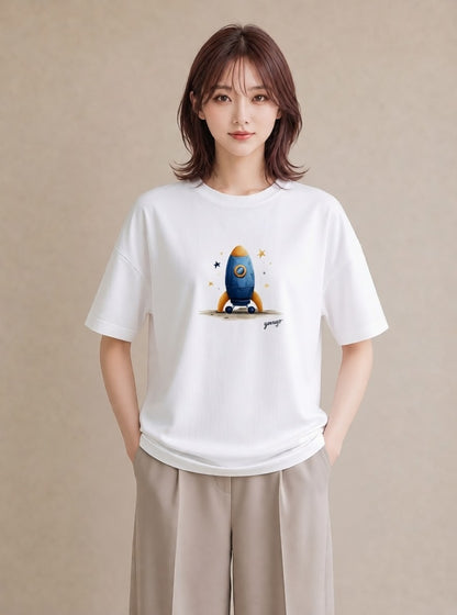 Tシャツ レディース ロケット 星空 宇宙 イラスト 普段使い ペアコーデ 秋コーデ 白T YMAZO