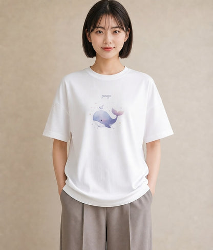 半袖Tシャツ レディース イルカ 海の生き物 海 イラスト 上品 ホワイトデー 春服 白T YMAZO