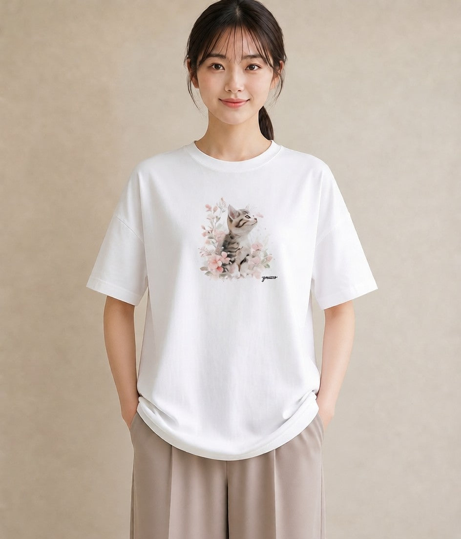 プリントTシャツ レディース ねこ 猫 ネコ イラスト 休日コーデ 友達ギフト 部屋着 白T YMAZO