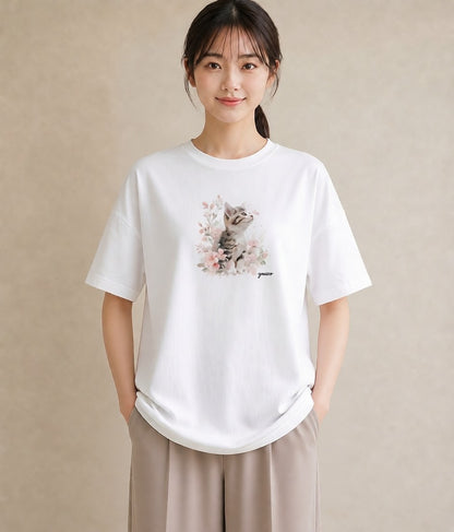 プリントTシャツ レディース ねこ 猫 ネコ イラスト 休日コーデ 友達ギフト 部屋着 白T YMAZO