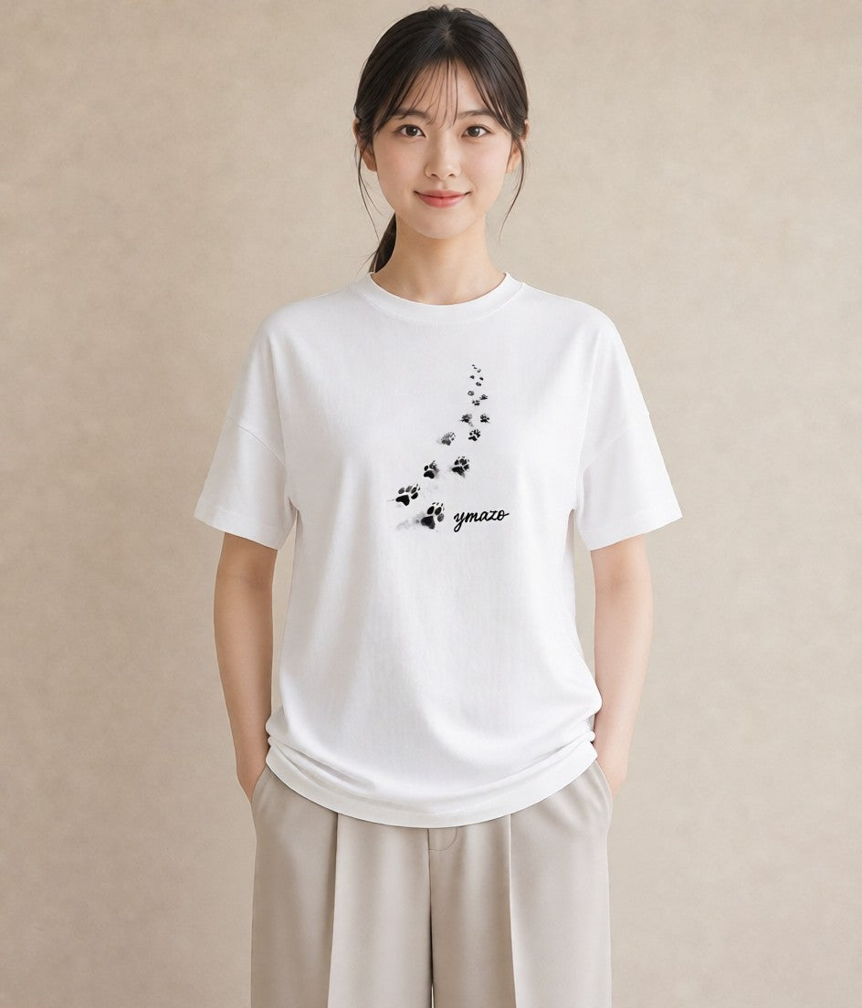 グラフィックTシャツ レディース 肉球 猫 ねこ イラスト 淡色 ミセス 春コーデ 白T YMAZO