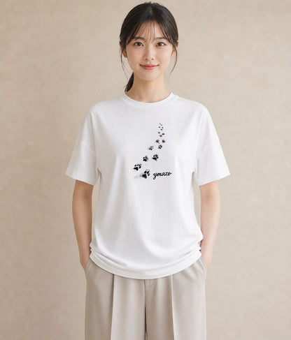 グラフィックTシャツ レディース 肉球 猫 ねこ イラスト 淡色 ミセス 春コーデ 白T YMAZO