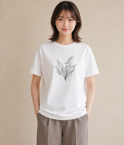 半袖Tシャツ レディース すずらん 花 花柄 イラスト カフェコーデ 休日 ペアコーデ 白T