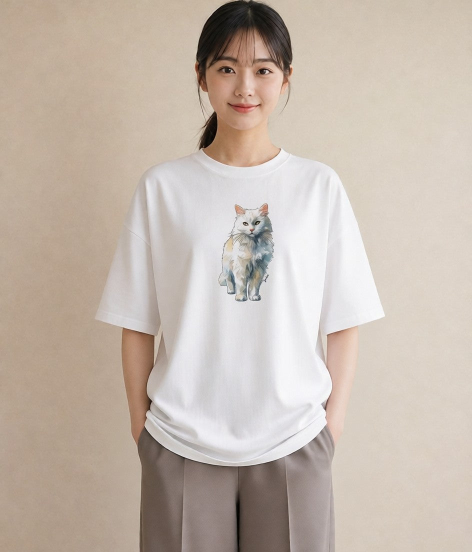 グラフィックTシャツ レディース おすわり猫 猫 ねこ イラスト シンプル レイヤード 友達ギフト 白T YMAZO
