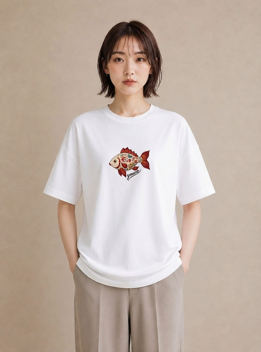 デザインTシャツ レディース 出目金 ペット 動物 イラスト ボタニカル ビーチ デイリーウェア 白T YMAZO