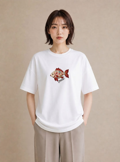 デザインTシャツ レディース 出目金 ペット 動物 イラスト ボタニカル ビーチ デイリーウェア 白T YMAZO
