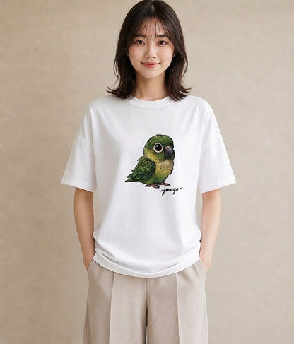 半袖Tシャツ レディース ボタンインコ ペット 動物 イラスト ニュアンス ママ カフェ服 白T YMAZO