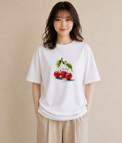 Tシャツ レディース さくらんぼ チェリー 食べ物 フード イラスト 休日コーデ 公園 ママ 白T YMAZO