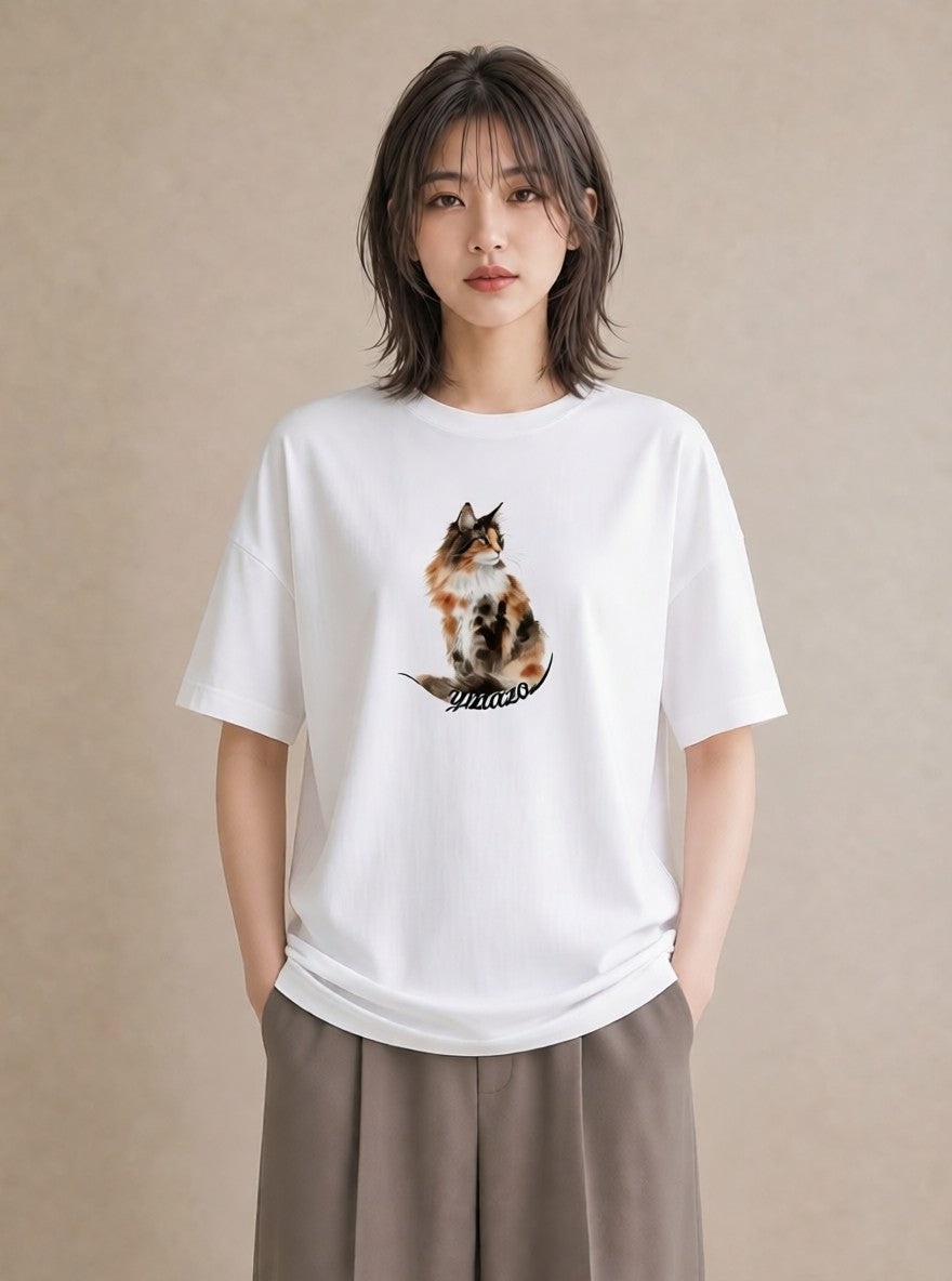 Tシャツ レディース しっぽ 猫 ねこ イラスト 線画 お出かけ 普段着 白T YMAZO