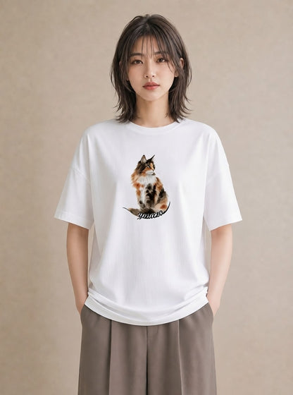 Tシャツ レディース しっぽ 猫 ねこ イラスト 線画 お出かけ 普段着 白T YMAZO