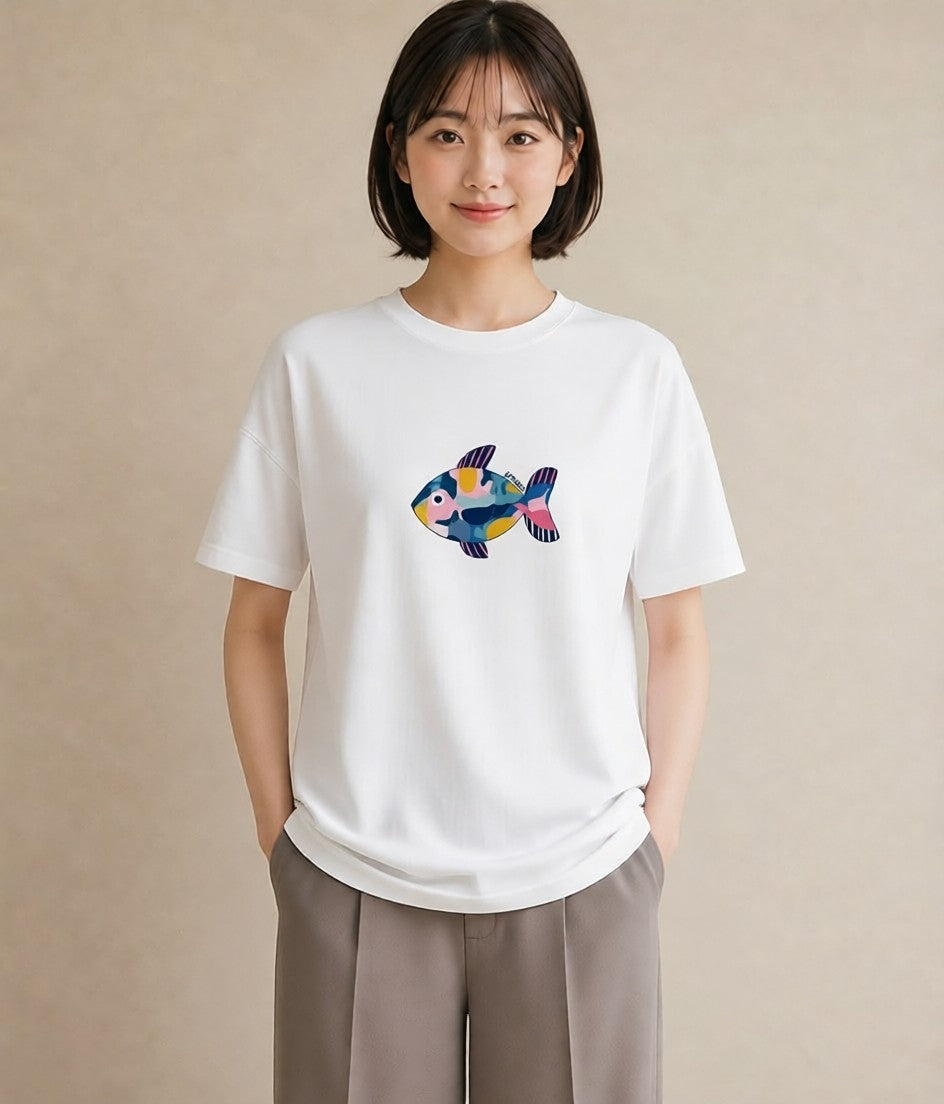 Tシャツ レディース たい焼き 食べ物 フード イラスト フェミニン 普段着 週末コーデ 白T YMAZO