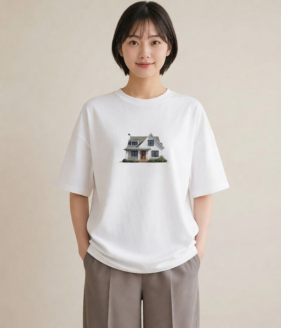 デザインTシャツ レディース 湖畔の小屋 湖 小屋 ナチュラル アンティーク イラスト アート風 女性 旅行用 白T YMAZO