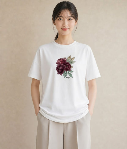 半袖Tシャツ レディース 牡丹 花 花柄 イラスト モード ラフ レイヤード 白T YMAZO