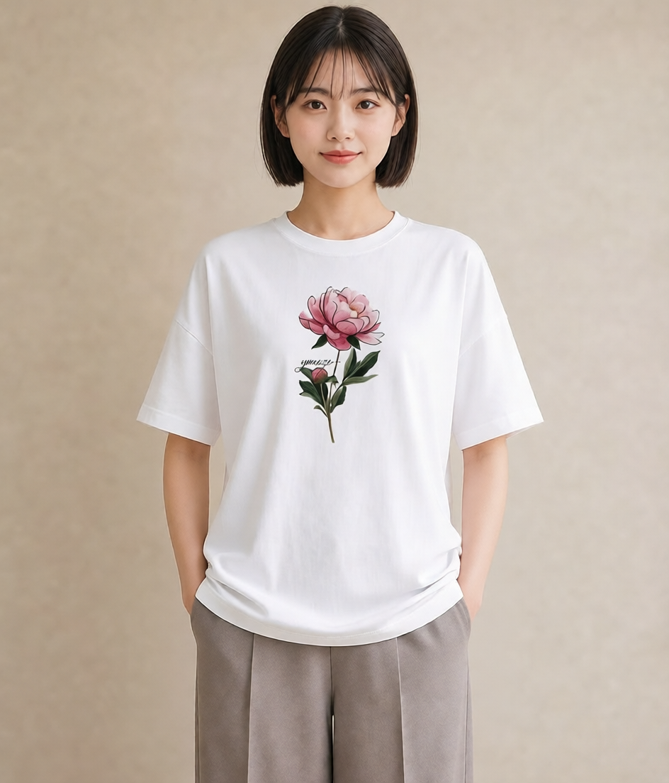 半袖Tシャツ レディース 牡丹 花 花柄 イラスト 普段使い 女性 旅行用 白T
