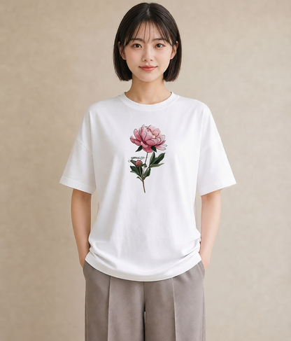 半袖Tシャツ レディース 牡丹 花 花柄 イラスト 普段使い 女性 旅行用 白T