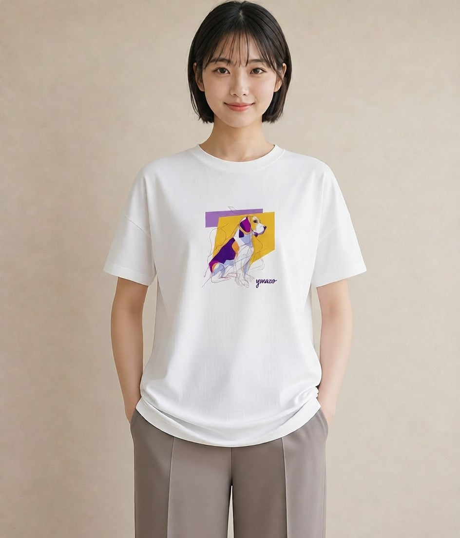 Tシャツ レディース ビーグル 犬 いぬ イラスト ガーリー お出かけ 普段着 白T YMAZO