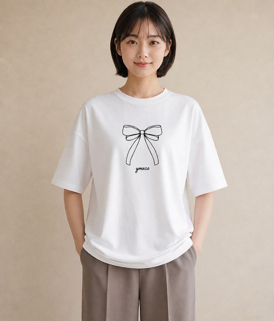 グラフィックTシャツ レディース リボン ボウ りぼん イラスト ビーチ デイリーウェア 白T YMAZO