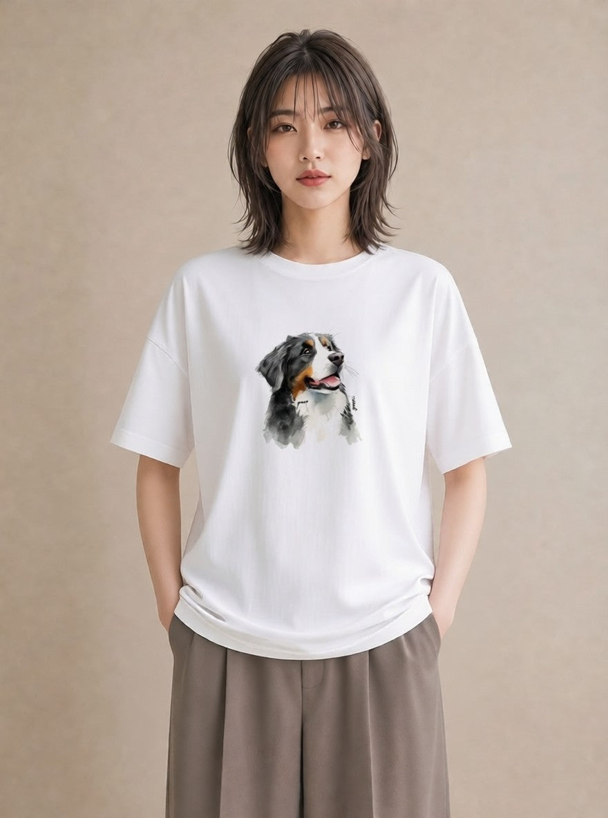 デザインTシャツ レディース バーニーズマウンテンドッグ 犬 いぬ イラスト 北欧風 ミセス 春コーデ 白T YMAZO