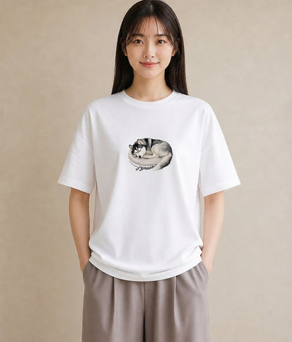 プリントTシャツ レディース シベリアンハスキー 犬 いぬ イラスト 旅行コーデ 社会人 女性 白T YMAZO