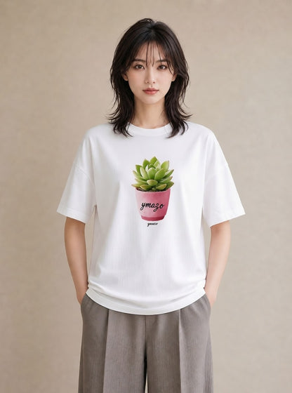 プリントTシャツ レディース 多肉植物 植物 ボタニカル イラスト ゆるかわ 20代 カジュアルコーデ 白T YMAZO