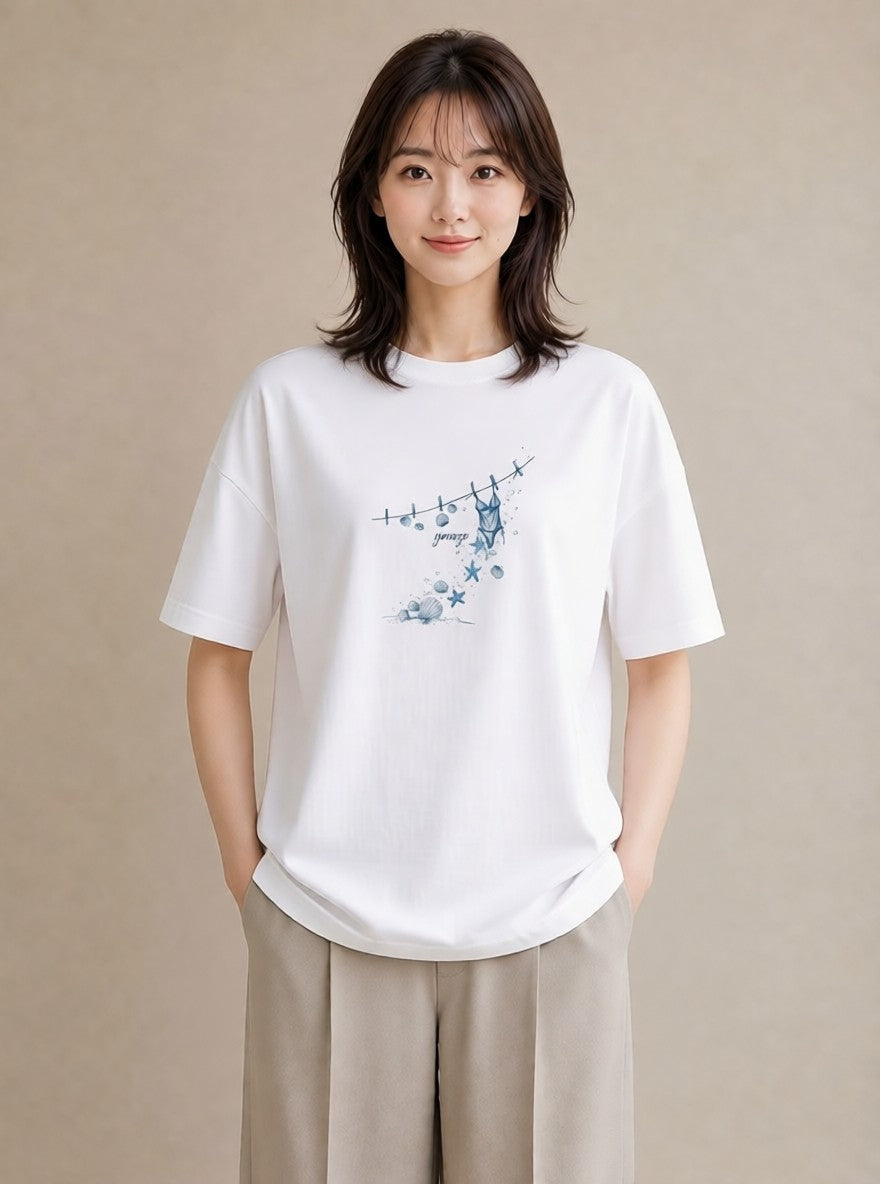 グラフィックTシャツ レディース 洗濯物 風 ナチュラル アンティーク イラスト こなれ感 夏コーデ 通学 白T YMAZO