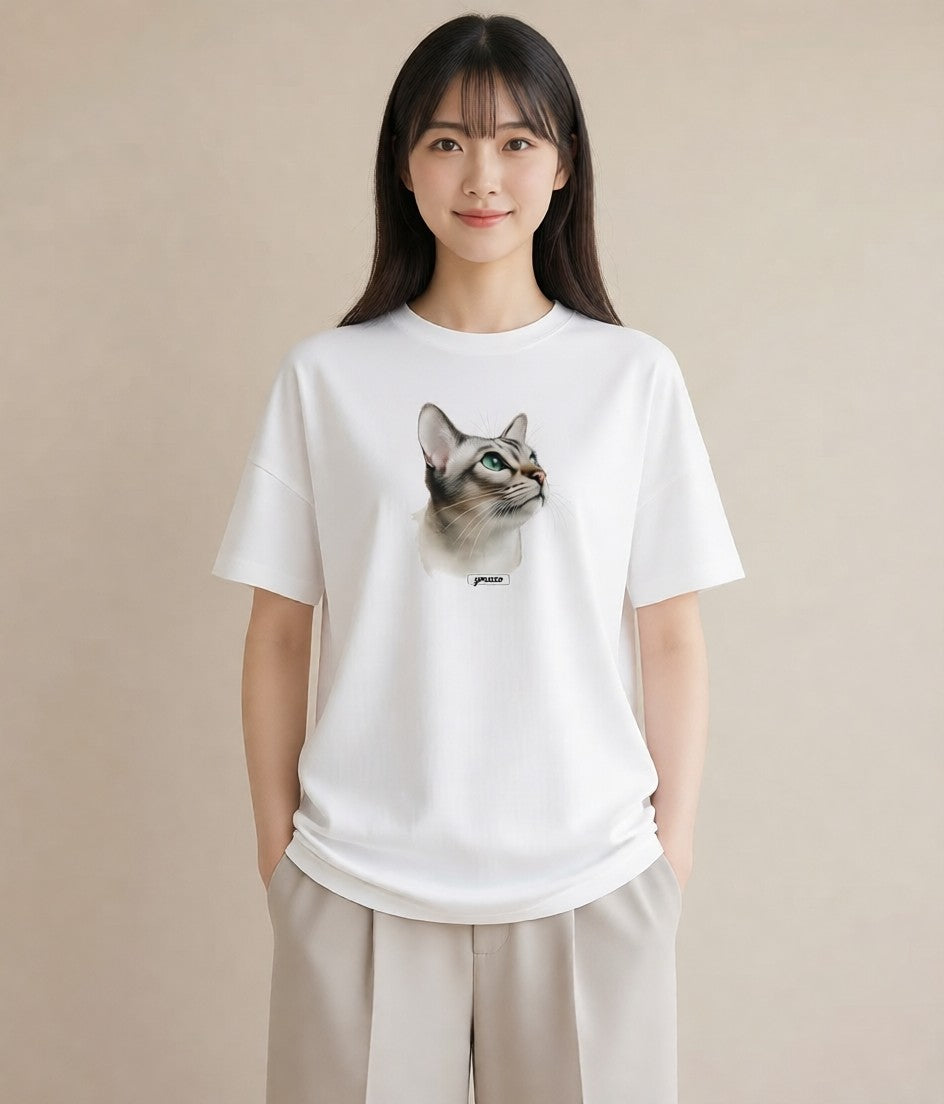 グラフィックTシャツ レディース ブリティッシュショートヘア 猫 ねこ イラスト フェミニン 海 カフェ巡り 白T YMAZO