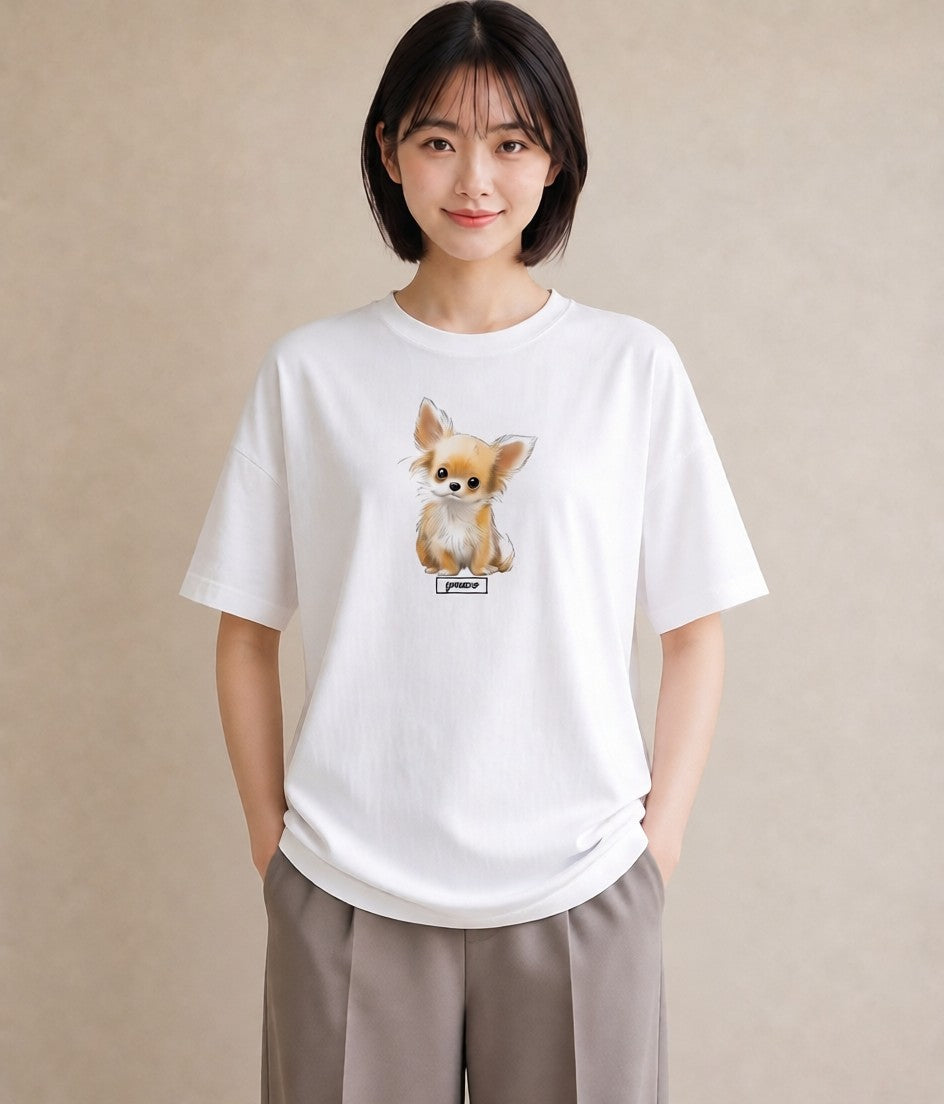 Tシャツ レディース ロングコートチワワ 犬 いぬ イラスト モード 誕生日プレゼント 綿100 白T YMAZO