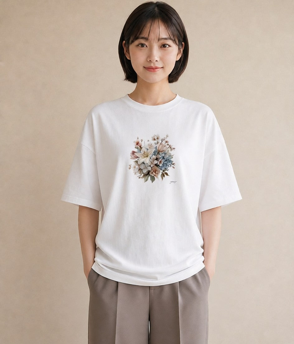 Tシャツ レディース ポスト 野の花 レトロ ナチュラル アンティーク イラスト モード 誕生日プレゼント 綿100 白T YMAZO