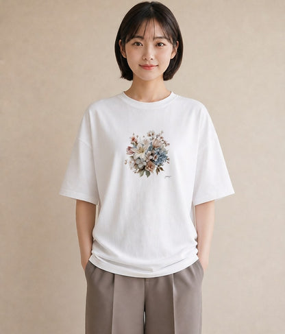 Tシャツ レディース ポスト 野の花 レトロ ナチュラル アンティーク イラスト モード 誕生日プレゼント 綿100 白T YMAZO
