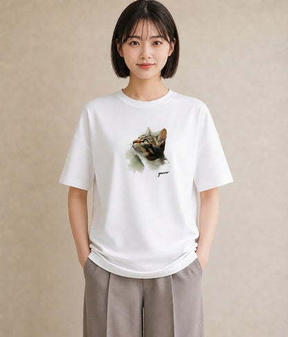 グラフィックTシャツ レディース サバトラ 猫 ねこ イラスト 北欧風 女子会 お揃い 白T YMAZO